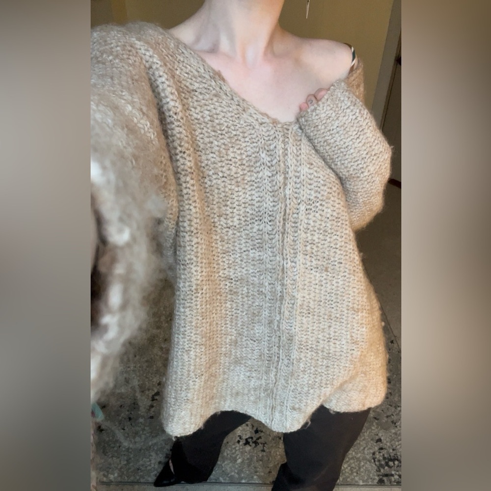 Moth Tan V-Neck Sweater with Chunky Knit Oversized Soft Comfy Flowy Cute Luxury - Picture 14 of 14